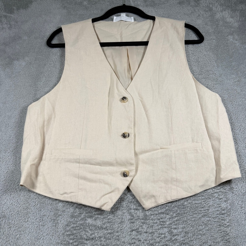 Hippie Rose Vest Women XL Beige Linen Blend Button Front HS4W90217